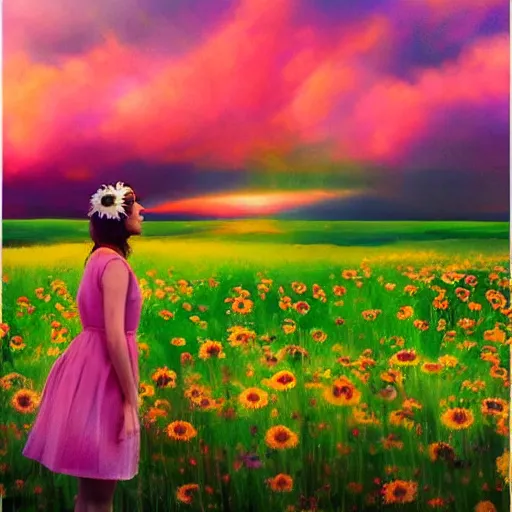 Image similar to full body daisy flower head girl standing in a flower field, her head is hidden behind the huge daisy flower,. surreal photography, sunrise, dramatic light, impressionist painting, colorful clouds, digital painting, artstation, simon stalenhag