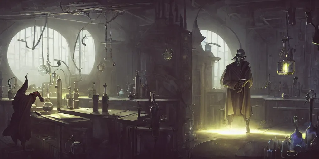 Image similar to a plague doctor and a humanoid rat in a laboratory with lots of flasks filled with magic liquids, stephen bliss, unreal engine, fantasy art by greg rutkowski, loish, rhads, ferdinand knab, ilya kuvshinov, rossdraws, tom bagshaw, global illumination, radiant soft light, detailed and intricate environment