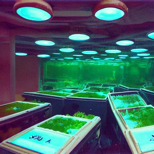 Prompt: an abandoned spooky underwater aquarium filled with 1 9 8 0 s computers, illuminated displays of computer screensavers, retro museum exhibition with placards covered in algae, stanchions, photo taken on fujifilm superia film, 3 5 mm film, scuba devices