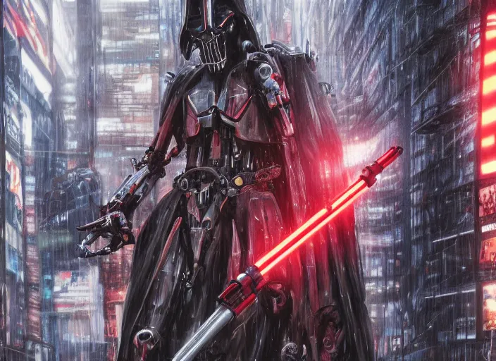 Image similar to 3 5 mm portrait photo of ( general grievous )!! with heavy duty biomechanical cybernetic body with many red lightsabers in the city in the rain. cyberpunk horror in the style of george lucas.