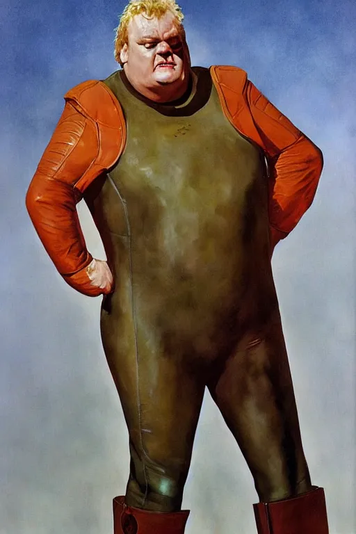 Prompt: full body portrait of actor kenneth mcmillan as baron harkonnen wearing leather spacesuit in dune, colour painting by normal rockwell and phil hale