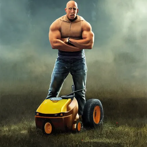 Prompt: hyperrealistic mixed media high resolution painting of Vin Diesel racing a lawnmower, stunning 3d render inspired art by István Sándorfi and Greg Rutkowski and Unreal Engine, perfect symmetry, dim volumetric lighting, 8k octane beautifully detailed render, post-processing, extremely hyper-detailed, intricate, epic composition, highly detailed attributes, highly detailed atmosphere, cinematic lighting, masterpiece, trending on artstation, very very detailed, masterpiece, stunning, flawless structure, lifelike texture, perfection,