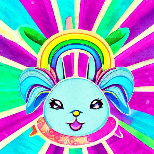 Image similar to portrait friendly cute happy stylish realistic rainbow rabbit. background in the style of art nouveau. lively. colorful. hd.