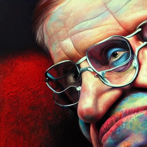 Image similar to UHD tonalism painting of closeup of Stephen Hawking wearing clown makeup, by Antonio Caparo and Ferdinand Knab and Greg Rutkowski, UHD, photorealistic, trending on artstation, trending on deviantart, correct face, correct clown makeup