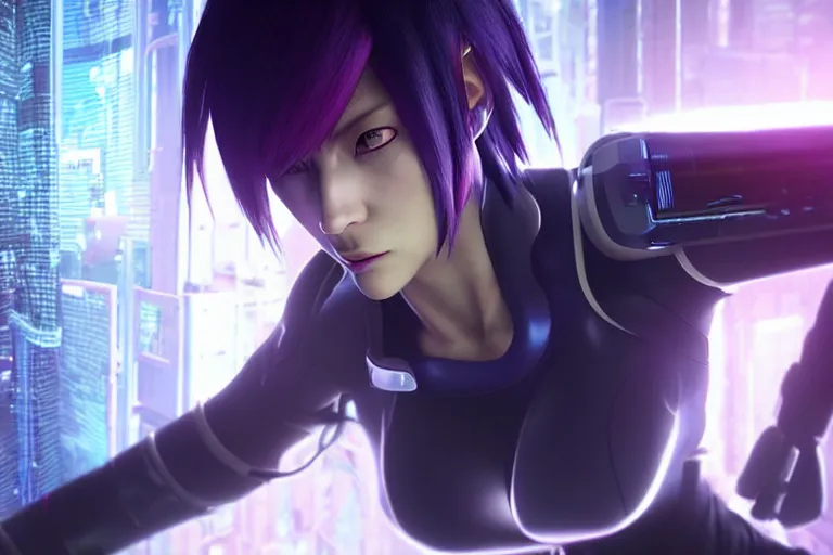 Image similar to cyberpunk ghost in the shell concept inspired motoko kusanagi, futuristic look, highly detailed body, very powerful, photorealistic camera shot, bright studio setting, studio lighting, crisp quality and light reflections, unreal engine 5 quality render