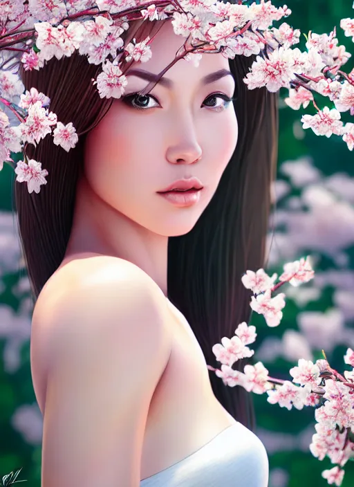 Prompt: photo of a gorgeous female in the style of stefan kostic, realistic, half body shot, sharp focus, 8 k high definition, insanely detailed, intricate, elegant, art by stanley lau and artgerm, extreme bokeh cherry blossoms