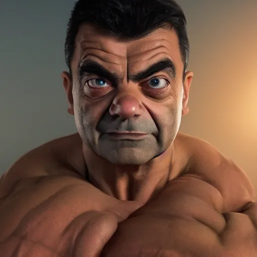 Image similar to upper body portrait of a hulking bulky swole steroids musclebound huge bodybuilder muscular herculean chiseled mr bean rowan atkinson, cinematic lighting, photorealistic, octane render, 8 k, depth of field, 3 d, art by artgerm and greg rutkowski and alphonse mucha and uang guangjian and gil elvgren and sachin ten