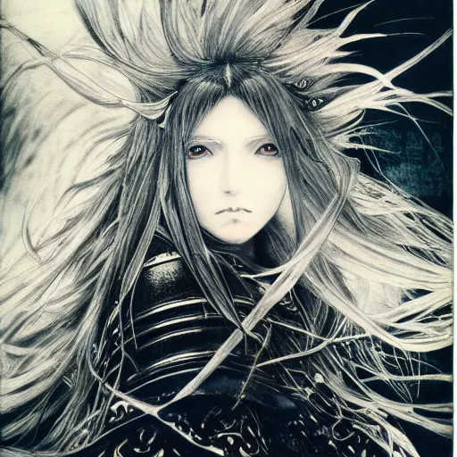 Prompt: yoshitaka amano realistic illustration of an anime girl with black eyes, wavy white hair fluttering in the wind and cracks on her face wearing elden ring armour with engraving, abstract black and white patterns on the background, noisy film grain effect, highly detailed, renaissance oil painting, weird portrait angle, blurred and dreamy polaroid photo, three quarter view