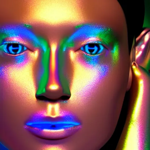 Image similar to 3d render of holographic human robotic head made of glossy iridescent, surrealistic 3d illustration of a human face non-binary, non binary model, 3d model human, cryengine, made of holographic texture, holographic material, holographic rainbow, concept of cyborg and artificial intelligence