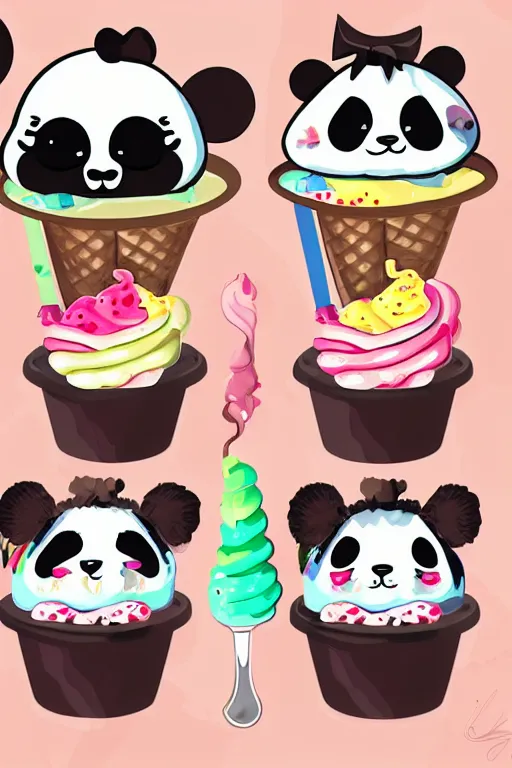 Prompt: digital realistic detailed art ice cream sundae and kawaii panda