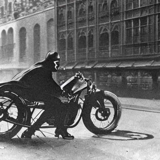 Image similar to old black and white photo, 1 9 1 3, depicting batman on a motorcycle from dark knight racing through the bustling streets of new york city, rule of thirds, three - point perspective, historical record