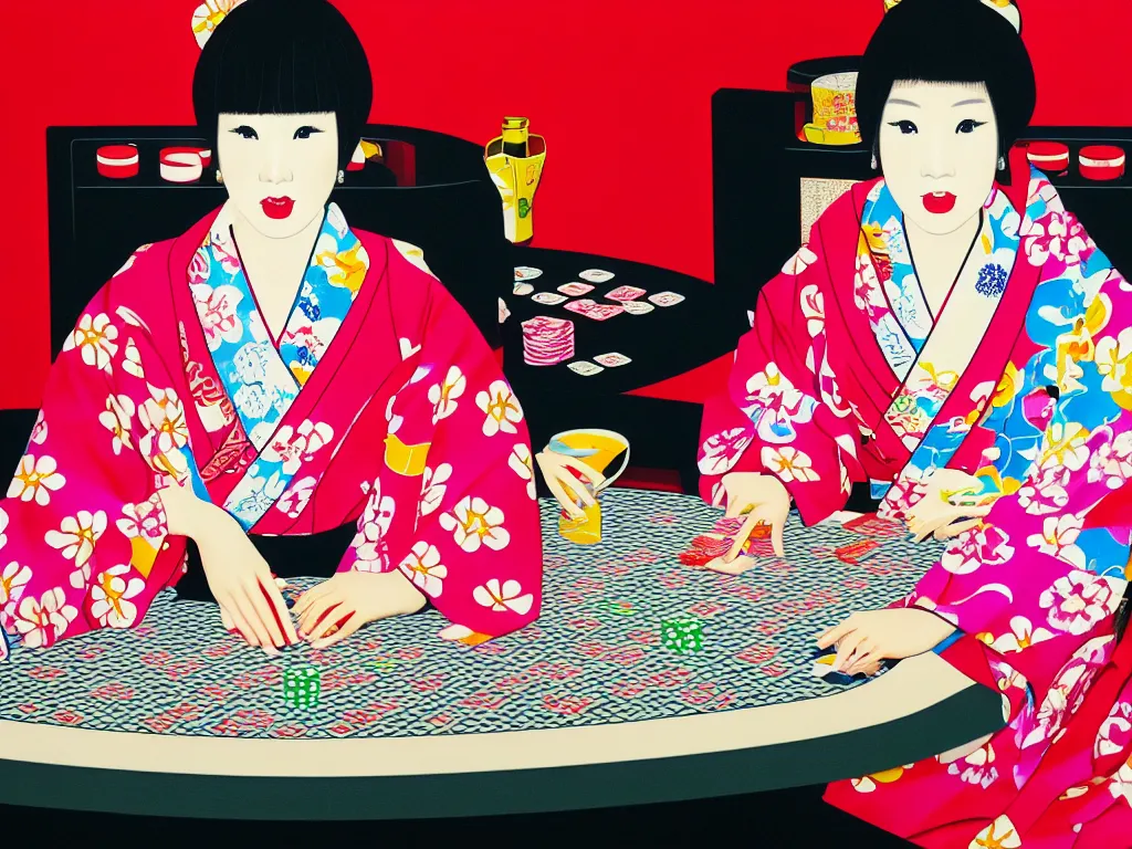 Image similar to hyperrealism composition of the detailed single woman in a japanese kimono sitting at an extremely detailed poker table with barbie, fireworks and folding screen on the background, pop - art style, jacky tsai style, andy warhol style, acrylic on canvas