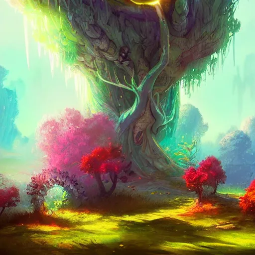 Prompt: a beautiful colorful interesting detailed storybook fantasy distant landscape scene of a Wonderland full of weird trees and flowers, magic the gathering, Marc Simonetti and Anato Finnstark, neon pastel color palette, vibrant 8k rendering, Pixar concept art, trending on artstation HQ