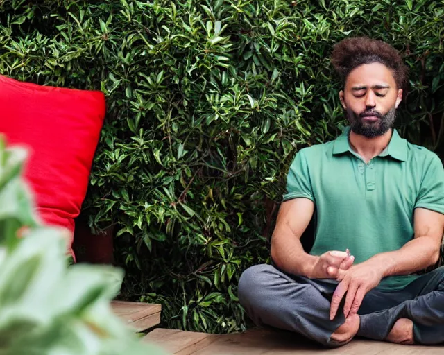 Image similar to mr robert is drinking fresh tea, smoke pot and meditate in a garden from spiral mug, detailed focused face, muscular hands, golden hour closeup photo, red elegant shirt, eyes wide open, ymmm and that smell