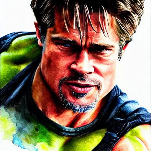 Prompt: brad pitt as the incredible hulk, watercolor artstyle, artstation, macro, vibrant, digital, wide shot, portrait, hd, cinematic, dramatic, ultra realistic, ultra detailed, 8 k, 4 k