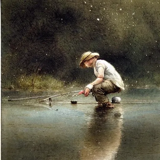 Prompt: ( ( ( ( ( fishing in a river, clear water. muted colors. ) ) ) ) ) by jean - baptiste monge!!!!!!!!!!!!!!!!!!!!!!!!!!!