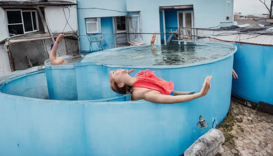 Prompt: on the roof of a house, a beautiful young woman floats in the water tank. the overall color is blue, with a dreamy feeling.