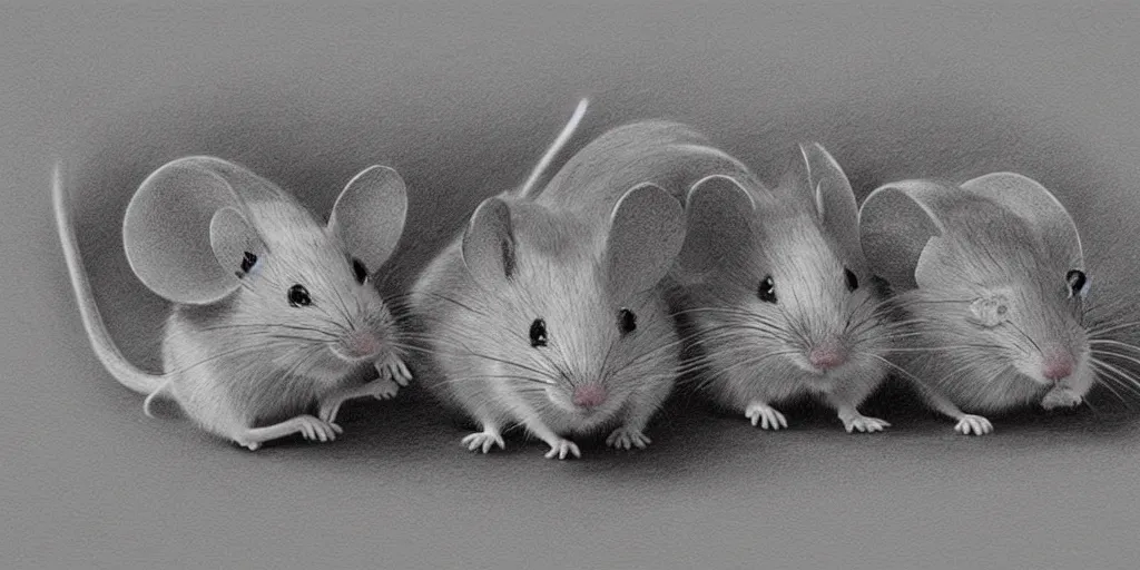 Image similar to a beautiful pencil drawing of exactly three!!!!! cartoon mice; masterpiece; extremely highly detailed; ultra-realistic; trending on artstation