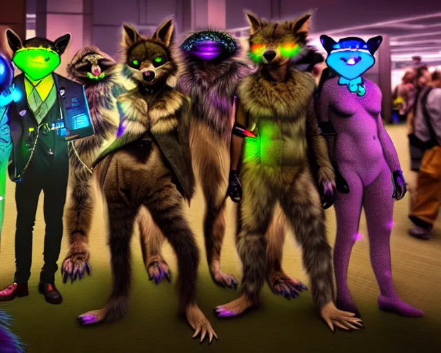 Prompt: high - resolution photograph from a raypunk era furry fandom convention ( midwest furfest 2 0 4 7 ), taking place after the genetic revolution and singularity. photorealistic.