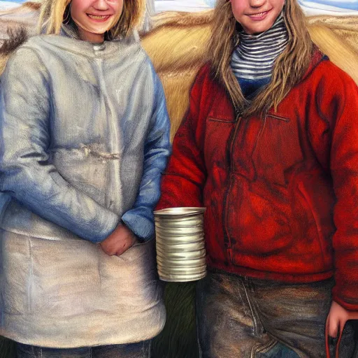 Prompt: a highly detailed painting of a young couple holding a tin can, remote icelandic village, blonde hair, trending on artstation,