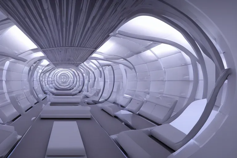 Prompt: interior of cryogenic pods room inisde an alien spaceship, red light on pods, volumetric lighting, atmospheric