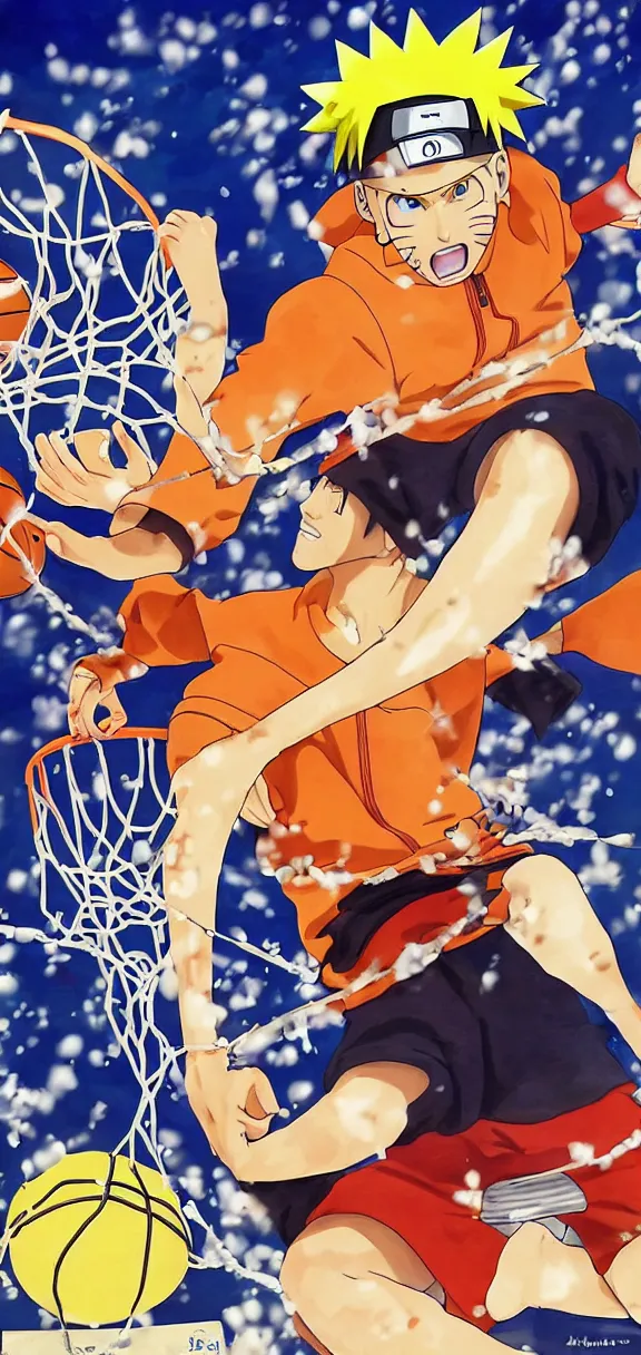 Image similar to naruto dunking a basketball while eating ramen on a basketball court, anime art