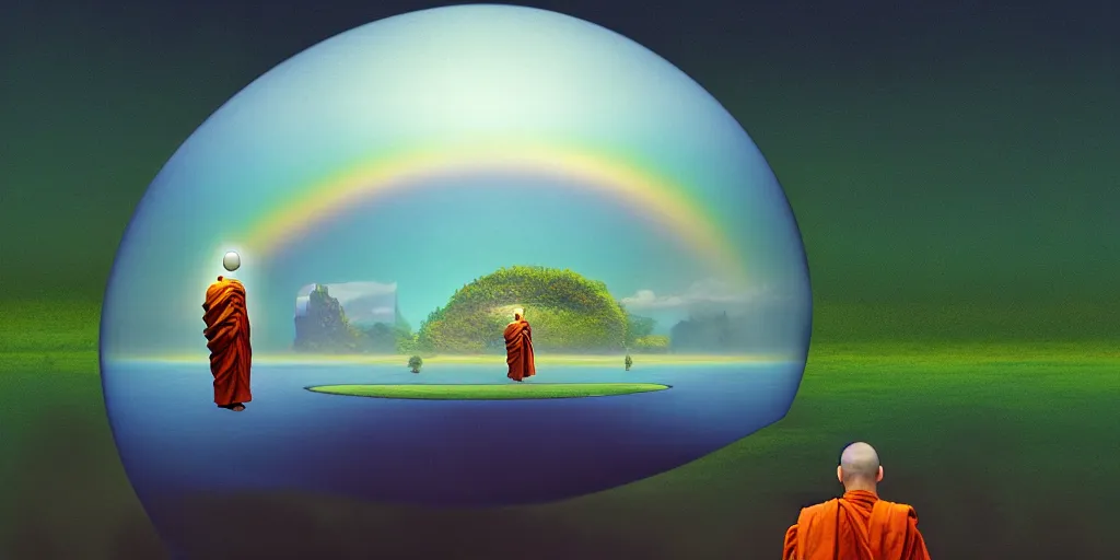 Prompt: neurograph, very very beautiful landscape, an echo a rainbow and a dream, monks praying in a temple forest through a spherical lens, surrealism, intricate, elegant, highly detailed, digital painting, trending on artstation, concept art, sharp focus, by rene magritte, moebius, wide shot