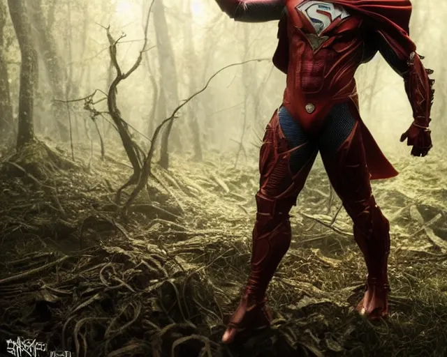 Prompt: 5 5 mm portrait photo of an armored demonic superman in a magical forest. magical atmosphere. art by greg rutkowski and luis royo. highly detailed 8 k. intricate. lifelike. soft light. nikon d 8 5 0.