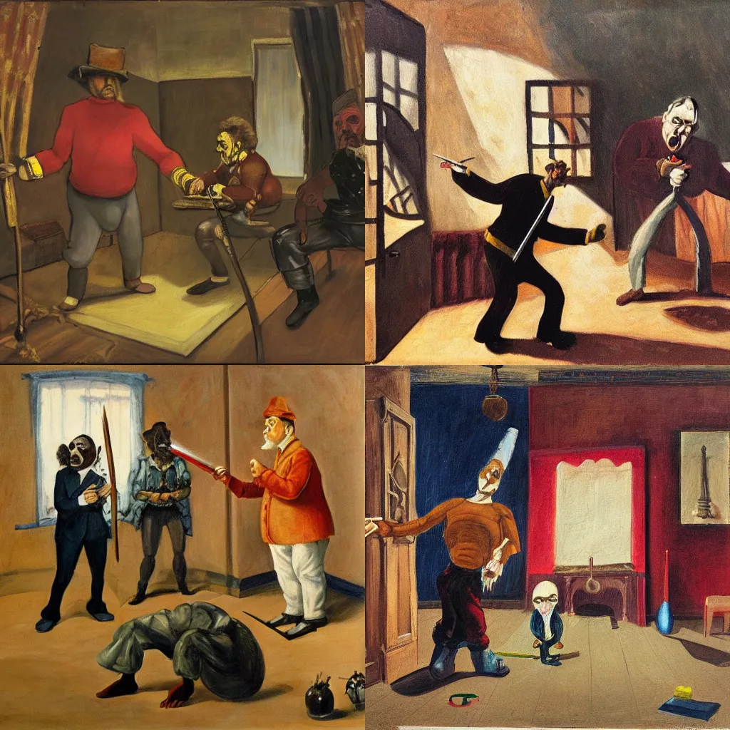 Prompt: oil painting of room containing a man holding pencil listening to a sword-swallower, a carnival freak, and a one-eyed dwarf in the style of paula rego