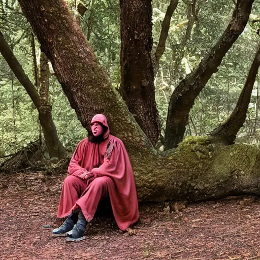 Image similar to lizard human nomad resting against a tree wearing a medieval cloak, photograph captured in the woods
