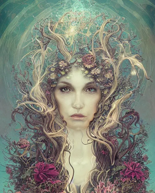 Image similar to centered beautiful detailed front view portrait of a woman with ornate growing around, ornamentation, flowers, elegant, beautifully soft lit, full frame, by wayne barlowe, peter mohrbacher, kelly mckernan,