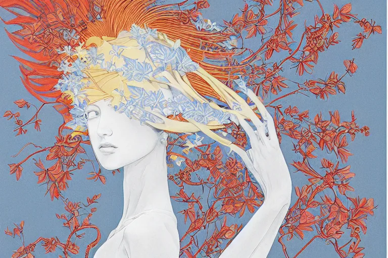 Image similar to woman portrait, phoenix in fire, goddess of greek mythology, orthodox saint, amalgamation of leaves and flowers. balenciaga, intricate complexity. matte paper, cut paper texture. by Jeffrey Catherine Jones, James jean, Miho Hirano, Hayao Miyazaki, coarse gritby. Full of light-blue and silver and white layers. Exquisite detail 8K