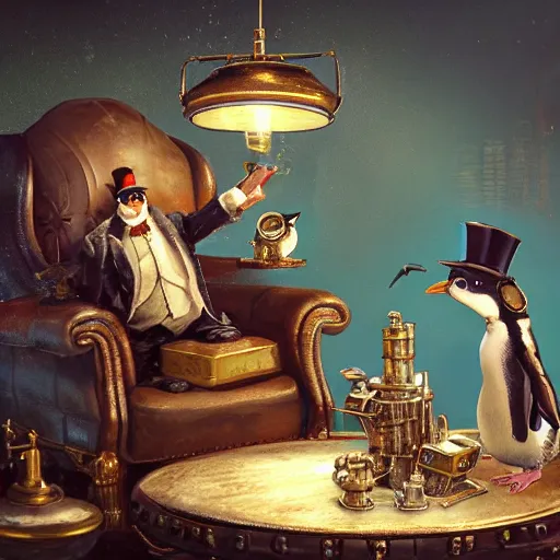 Image similar to oil painting of grumpy rich steampunk penguin sitting on fancy chair, wearing top hat, holding gold, steampunk factory background, hamster workers running in the background, sharp focus, fantasy style, octane render, volumetric lighting, 8k high definition, by greg rutkowski, highly detailed, trending on art Station, magic the gathering artwork, centered