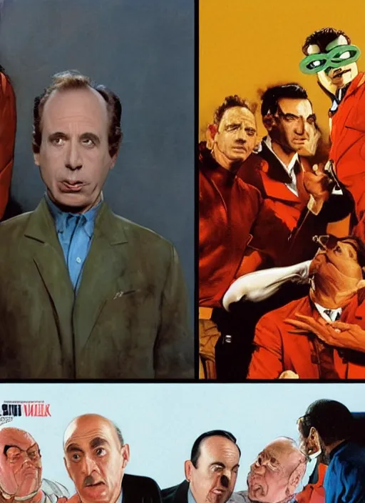 Image similar to a still from the tv series seinfeld and a still from the film avengers : infinty war of francis bacon and norman rockwell and james jean, a still from the movie godfather by mark brooks, triadic color scheme, by greg rutkowski, syd mead and edward hopper and norman rockwell and beksinski, dark surrealism, orange and turquoise