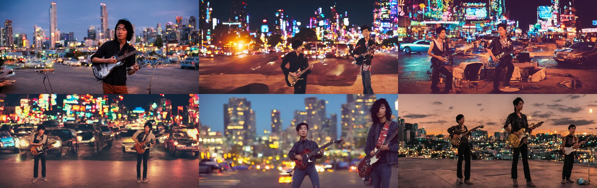 Prompt: a pretty disco rock young Asian man with messy very long curly dark brown hair playing on jazz guitar, the ufo soft top light, twilight city on the background, by Lubezki, 80mm focal length, anamorphic 80mm lens, city twilight landscape, cinematic, Kodachrome film, 4k