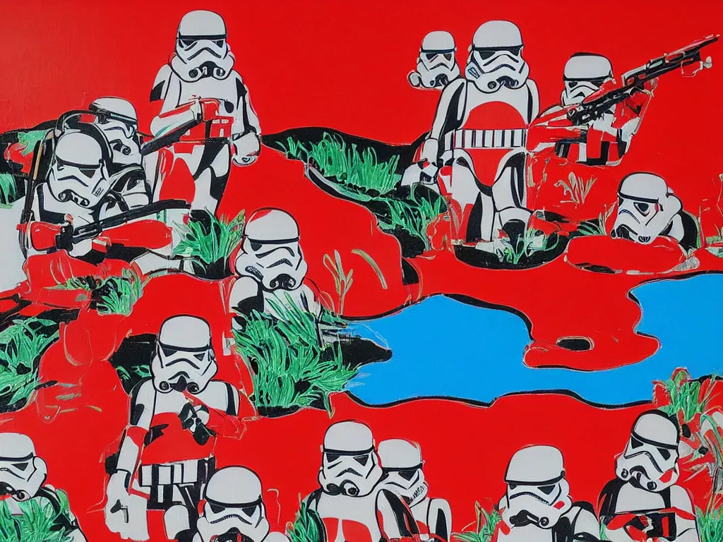 Image similar to close - up image of a red house with a pond, with stormtroopers sitting around it, a combination of pop - art and traditional japanese painting styles, the style of andy warhol, roy lichtenstein and jackie tsai, bright palette, acrylic on canvas