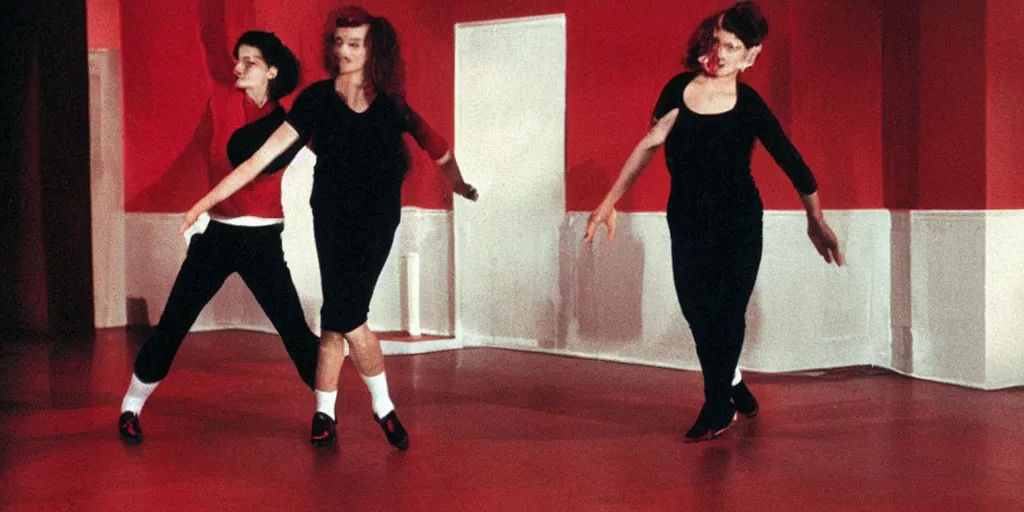 Prompt: laura palmer and kendall roy are dancing in the red room. minimal, chevron floor, twin peaks, strange