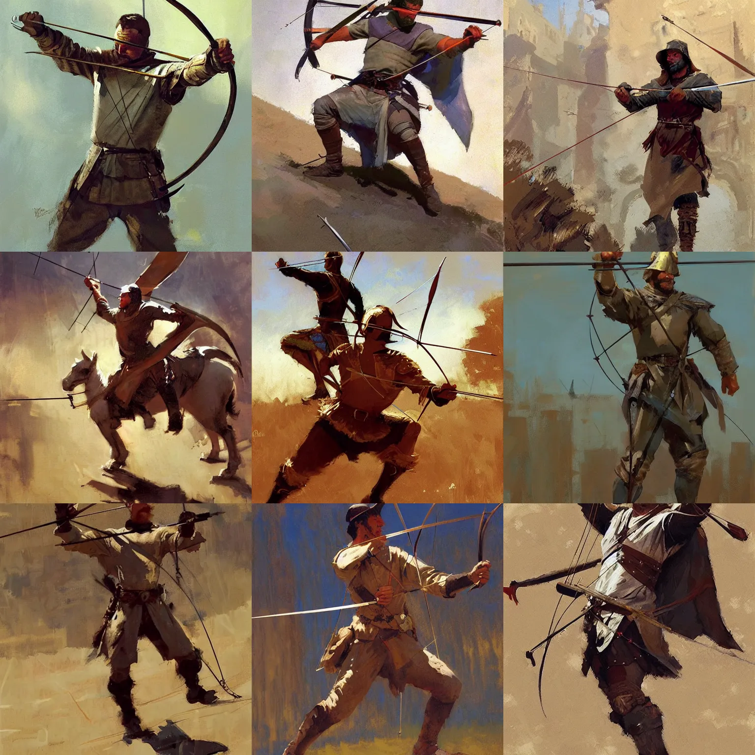 Prompt: medieval archer by craig mullins, greg manchess, bernie fuchs, walter everett