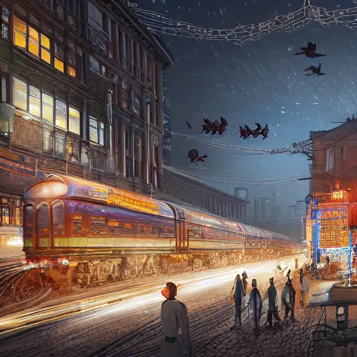 Image similar to ultra realistic illustration and highly detailed digital render of a intricate busy street by the central railway station, inside helsinki, finland, 2 0 2 2, by greg rutkowski and makoto shinkai, nighttime, dark sky, twinkly stars, amazing sky, migrating birds in the sky, colorful street lamps along road, natural stone road, asian style vendors