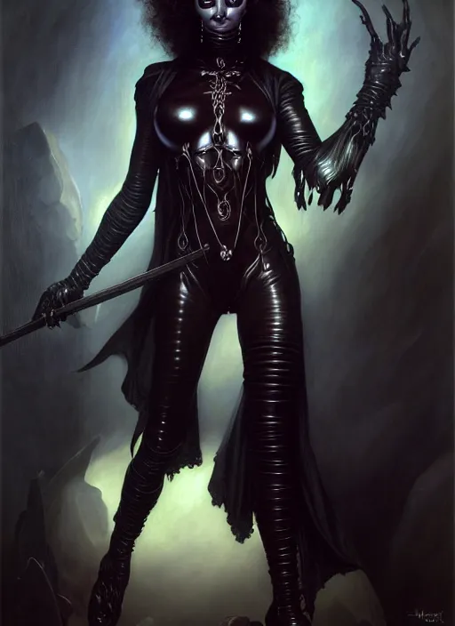 Image similar to female necromancer, black leather body suit, full body, hyper realistic, extremely detailed, dnd character art portrait, dark fantasy art, intricate fantasy painting, dramatic lighting, vivid colors, deviantart, artstation, by edgar maxence and caravaggio and michael whelan and delacroix.