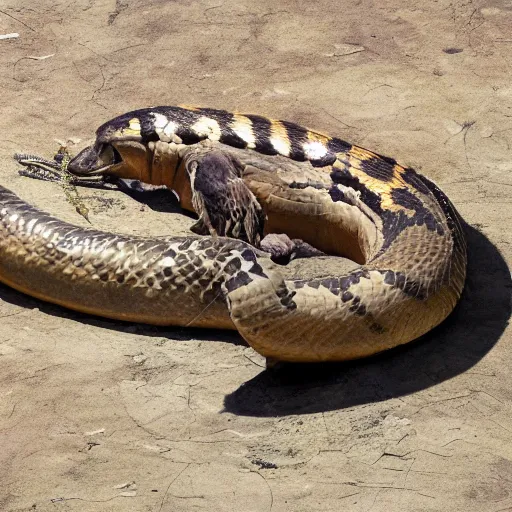 Prompt: highly detailed picture of an anaconda morphed with hawk, real picture taken in zoo