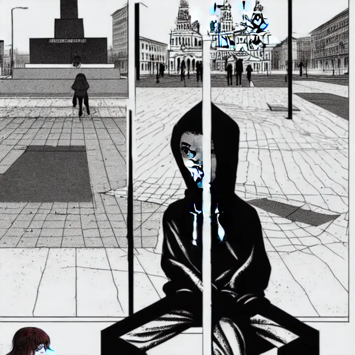 Image similar to storyboard : sadie sink in hoodie sits on bench in ruined square, pedestrians walk by, soviet monument and propaganda posters. scifi cyberpunk. by gabriel hardman. cinematic atmosphere, detailed and intricate, perfect anatomy