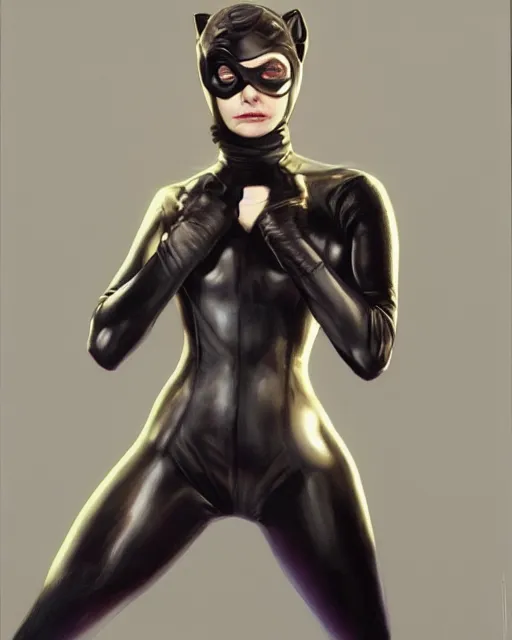 Image similar to full figure hyper realistic painting of young michelle pfeiffer as catwoman, hyper detailed, by clay mann, ayami kojima and greg rutkowski, trending on artstation, 3 light sources, rule of thirds, dutch angle