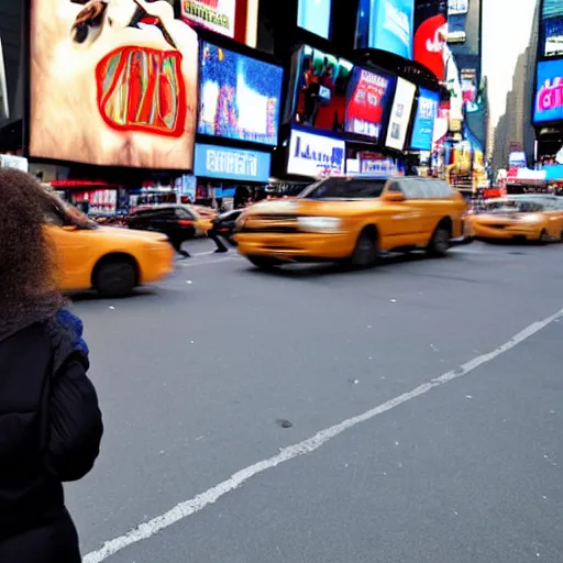 Prompt: a neanderthal confused in times square