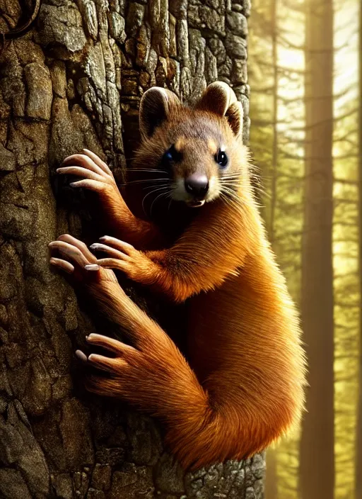 Prompt: a beautiful closeup shot from a fantasy film of a humanoid grey pine marten wearing a loose tunic. an anthropomorphic pine marten. golden hour. rim lighting. joseph ducreux, greg rutkowski.