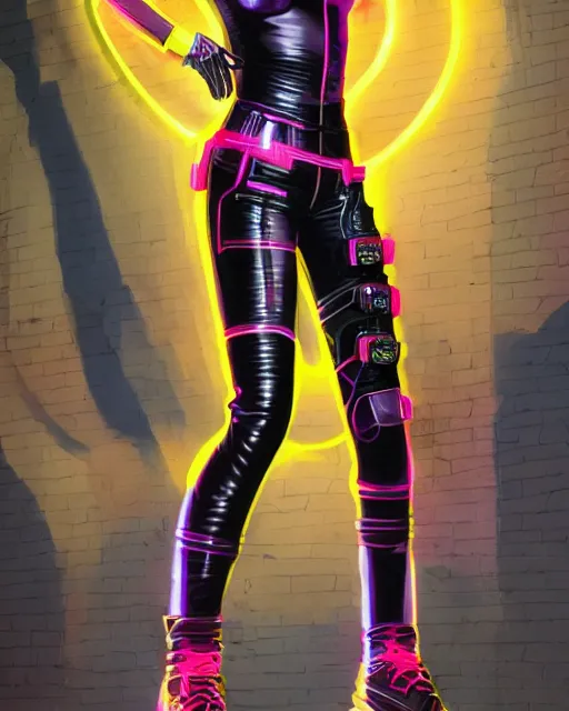 Prompt: a full body illustration of an Asian female cyberpunk character wearing tight neon leather pants and tennis shoes, highly detailed, oil on canvas, soft lighting, neon pastel colors, by Glenn Fabry, HD, 4K