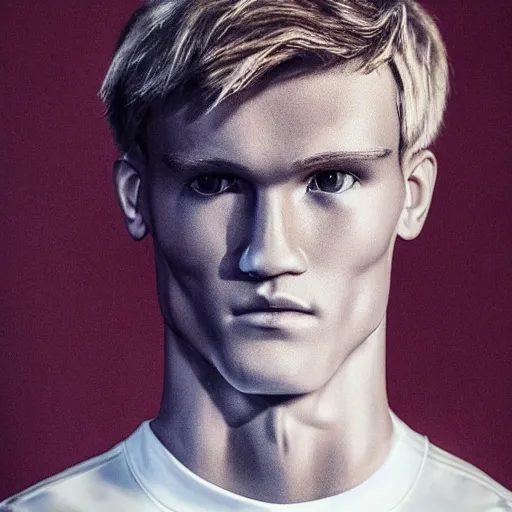 Image similar to a realistic detailed photo of a guy who is an attractive humanoid who is half robot and half humanoid, who is a male android, soccer player martin ødegaard, shiny skin, posing like a statue, blank stare, in a living room, on display, showing off his muscles, with a twin