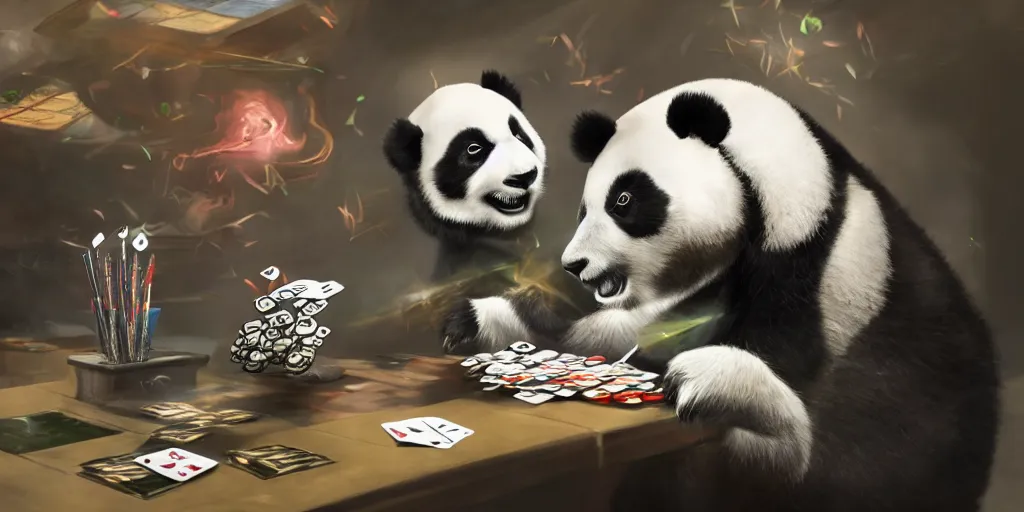 Prompt: A panda playing Magic the Gathering, artstation, 8k, photorealism