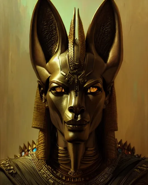 Image similar to mysterious anubis, fantasy character portrait, ultra realistic, concept art, intricate details, highly detailed by greg rutkowski, gaston bussiere, craig mullins, simon bisley