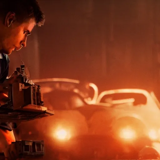 Image similar to augmented human repairing old imac, dark messy smoke - filled cluttered workshop, dark, dramatic lighting, orange tint, cinematic, highly detailed, sci - fi, futuristic, movie still from blade runner